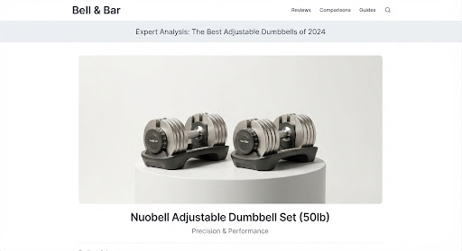 Editorial studio photo of a high-end adjustable dumbbell set on a minimalist pedestal, emphasizing metallic textures and precision engineering.