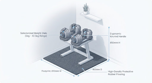 Minimalist home gym corner with equipment on a protective rubber mat