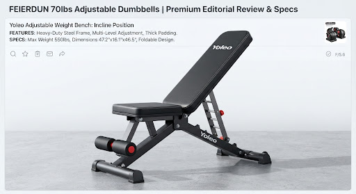 Yoleo adjustable weight bench with steel frame shown in an incline position.