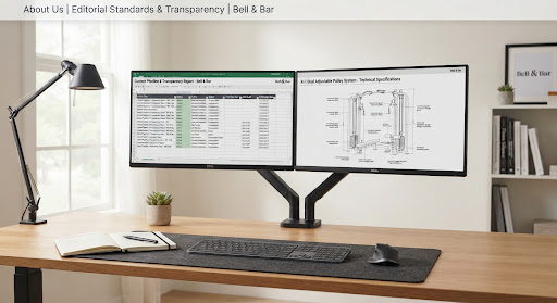 A minimalist editorial workspace with monitors showing data spreadsheets and fitness-equipment technical diagrams.