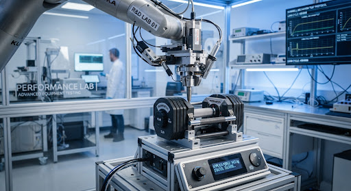 Robotic arm applying precise pressure to a weight mechanism in the lab