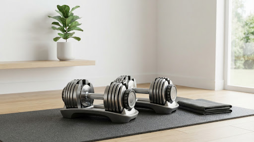 Minimalist home gym corner with a high-end adjustable dumbbell set on a premium rubber mat