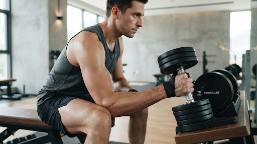 Athlete gripping the knurled steel handle of the FEIERDUN dumbbell.